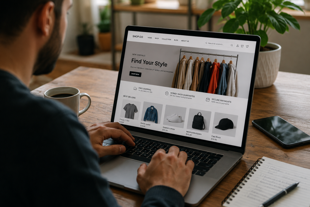 Developer creating a responsive ecommerce website with secure online shopping, product catalog, and user-friendly ecommerce interface.
