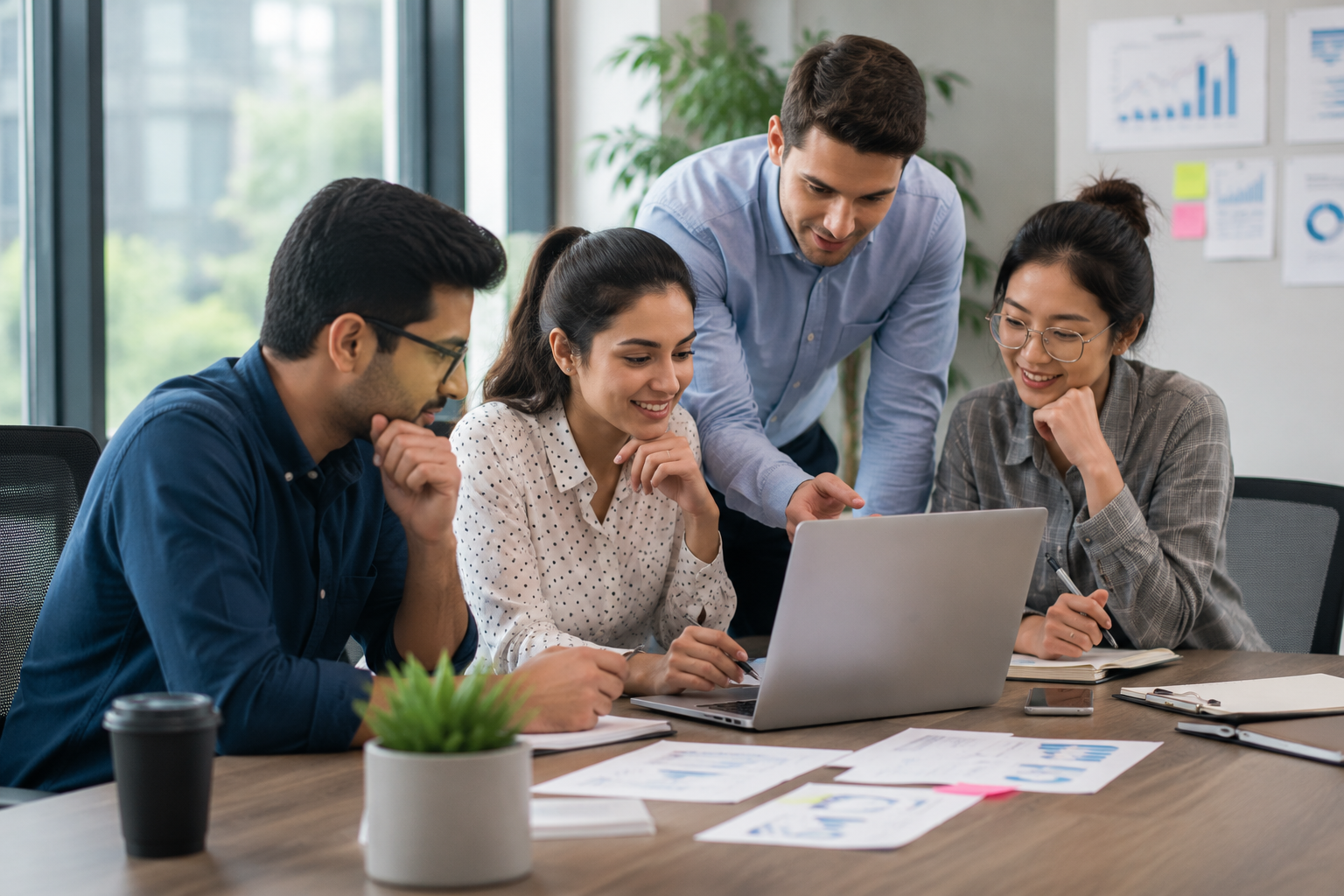 Digital marketing professionals collaborating on Search Engine Marketing (SEM) strategy, campaign planning, and performance analysis in a modern office.