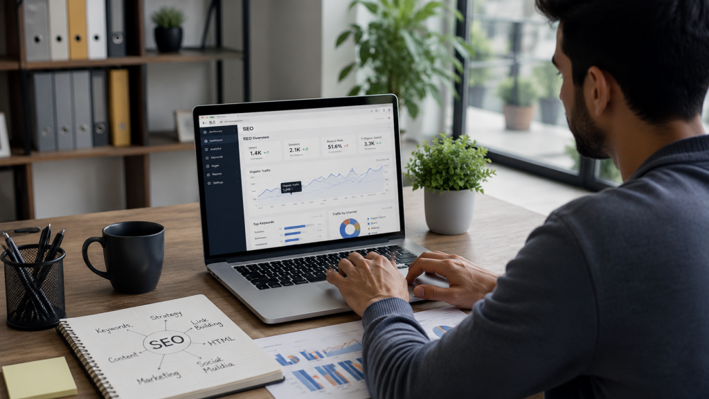 SEO professional analyzing website performance on a laptop with an SEO analytics dashboard in a modern office workspace.