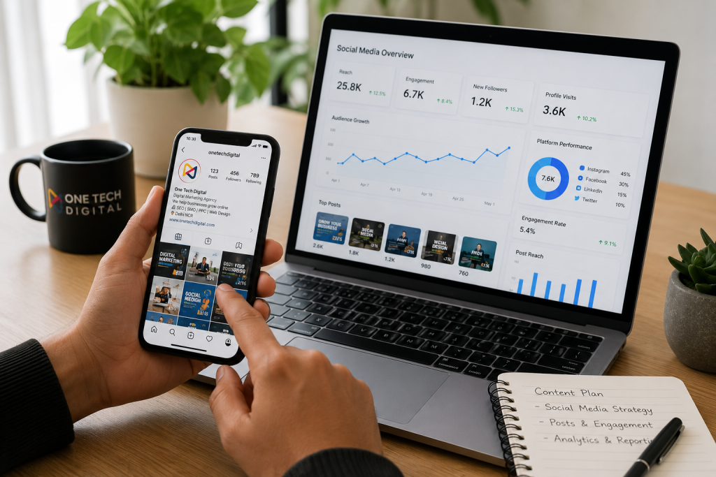 Social Media Optimization expert managing Instagram content and social media analytics dashboard to improve brand engagement and online growth.
