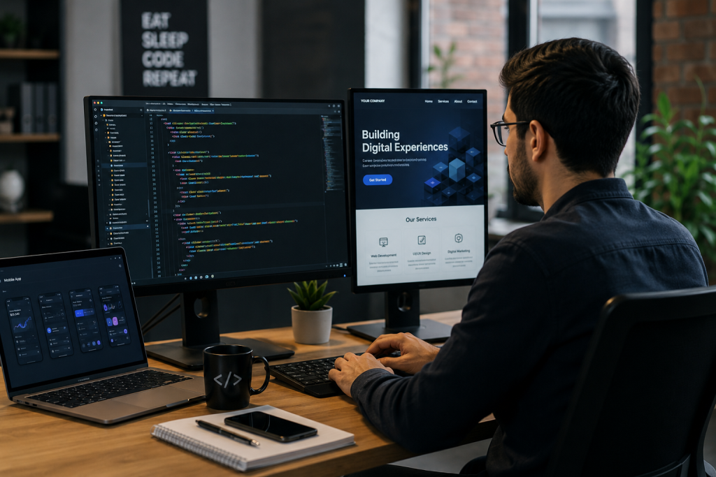 Professional website developer creating a responsive custom website with modern web development, UI/UX design, coding, and SEO-friendly website development services in Delhi NCR.