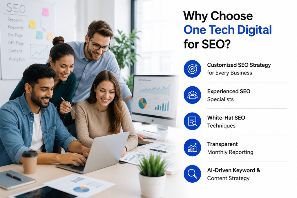 Professional SEO team collaborating on digital marketing strategy with analytics dashboard, keyword planning, and AI-driven optimization in a modern office.