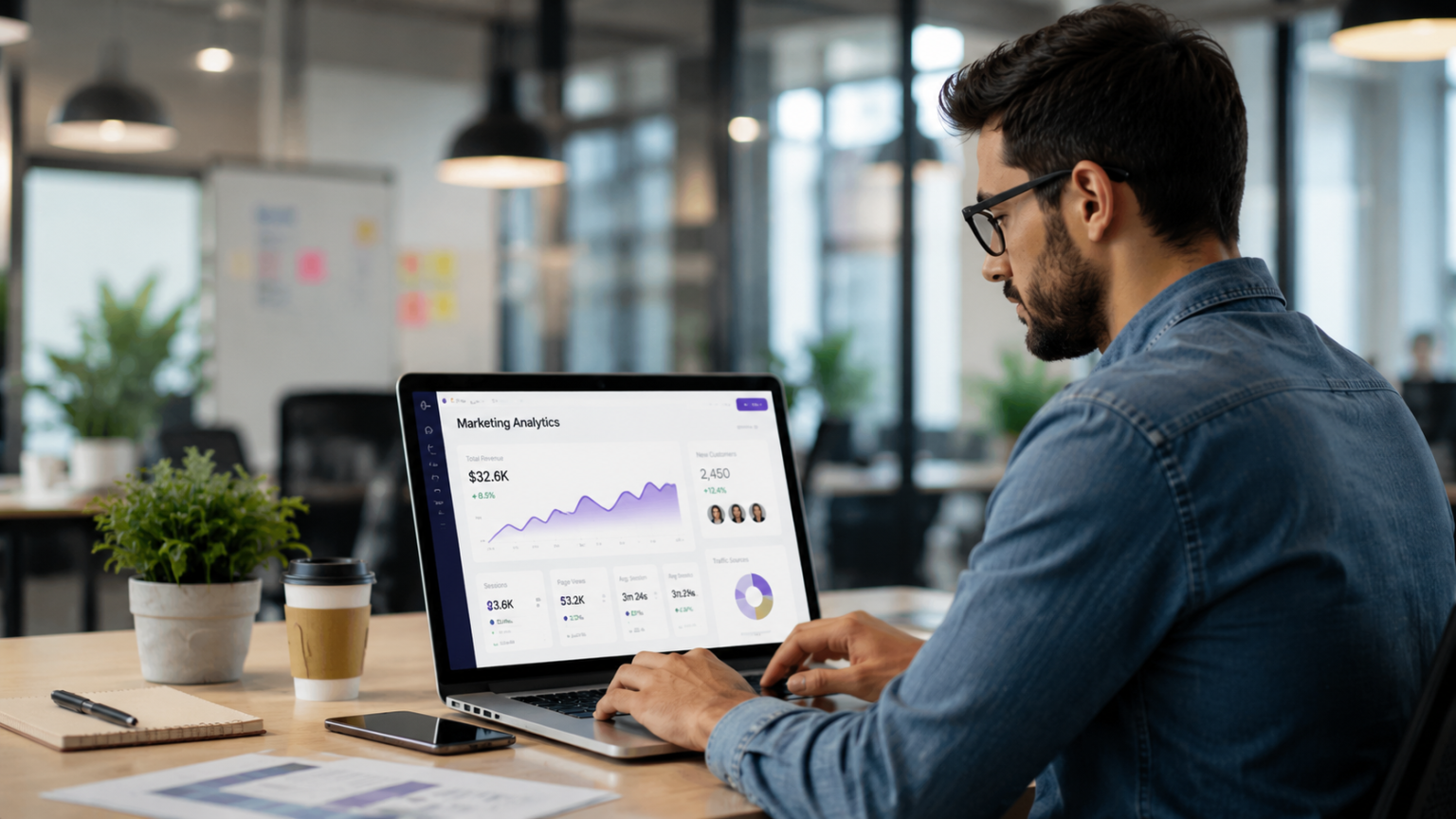 Professional digital marketer analyzing campaign performance and marketing analytics on a laptop in a modern office workspace.