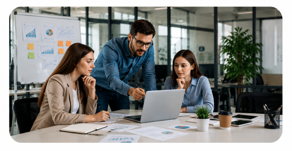 Professional marketing team collaborating on campaign planning, data analysis, and business growth strategy in a modern office.