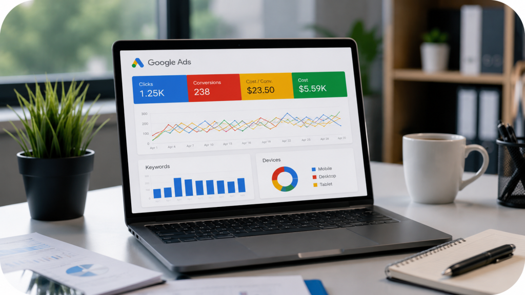 Google Ads dashboard displayed on a laptop, showcasing SEM campaign performance and digital marketing analytics.