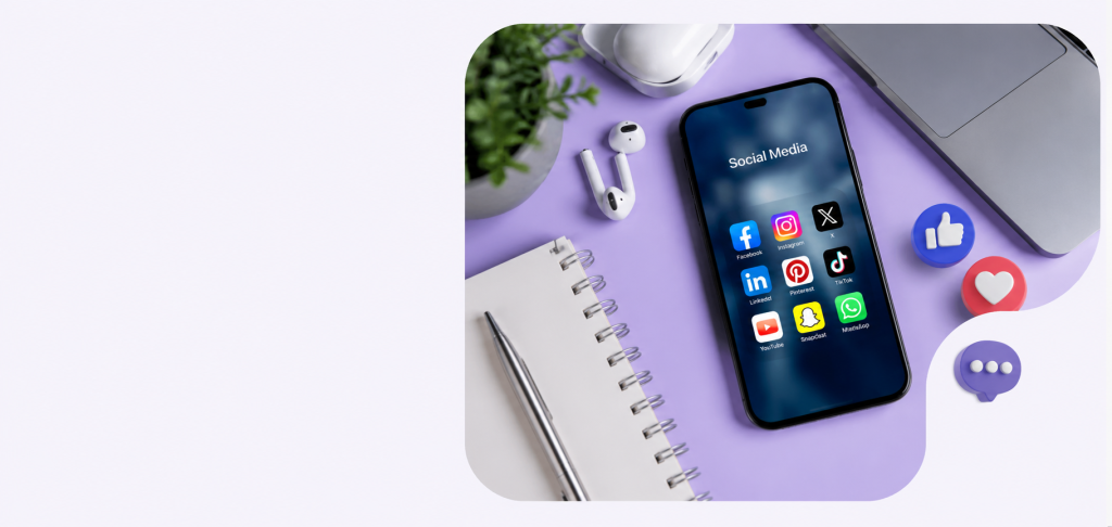 Smartphone displaying social media apps with engagement icons, representing Social Media Optimisation (SMO) strategies for business growth.