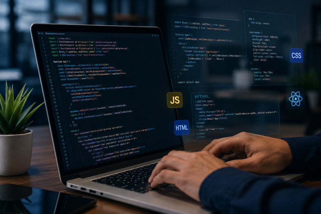 Professional web developer creating responsive SEO-friendly websites using HTML, CSS, JavaScript, and React.