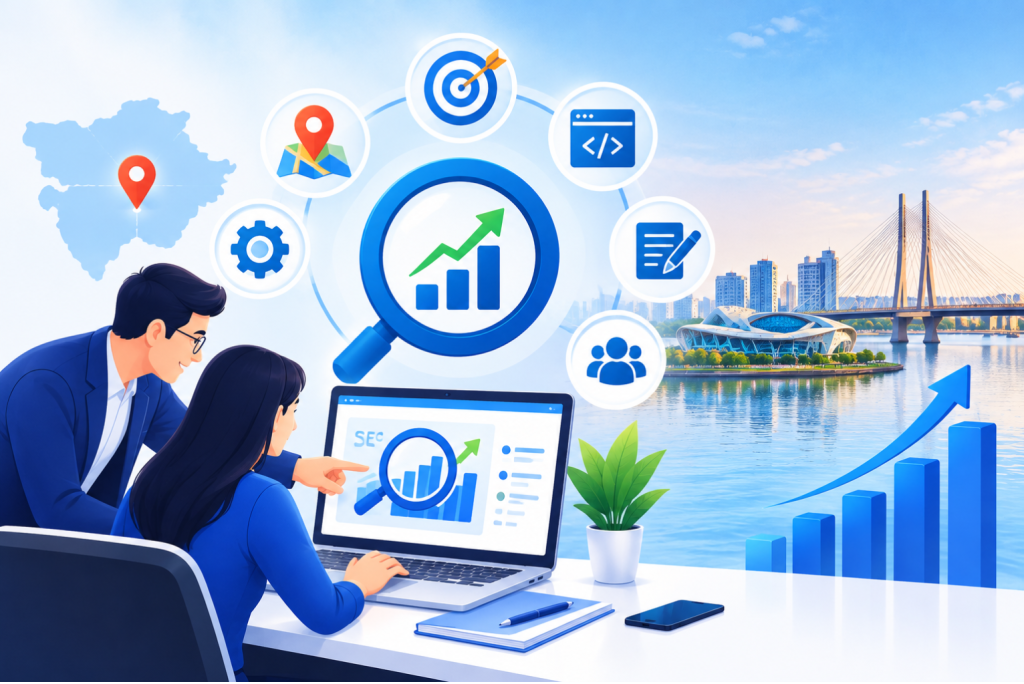 Illustration of SEO professionals analyzing website growth, local SEO, digital marketing, and search performance in Surat.