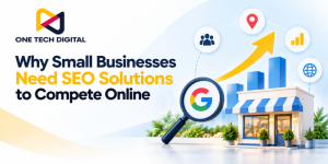 One Tech Digital small business SEO solutions feature image showing local business growth, Google search visibility, and SEO analytics.