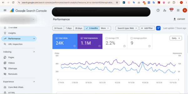 Google Search Console performance data showing organic search clicks, impressions, click-through rate, and average position over the selected reporting period